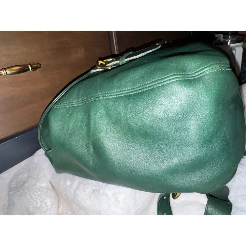 Green Leather Backpack with Gold Ring Accent